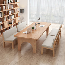 北欧家用客厅实木书桌 简约长桌子双层学习桌图书馆工作台实木桌