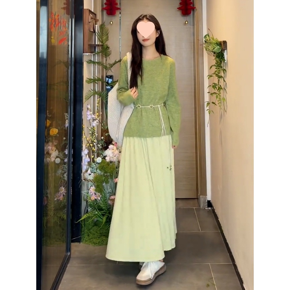 小香风绿色针织毛衣连衣裙子女2025早秋季新款韩系穿搭一整套长裙
