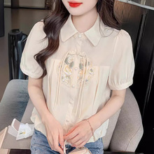 新中式国风刺绣短袖雪纺衬衫女士2024夏季新款盘扣polo衫气质上衣