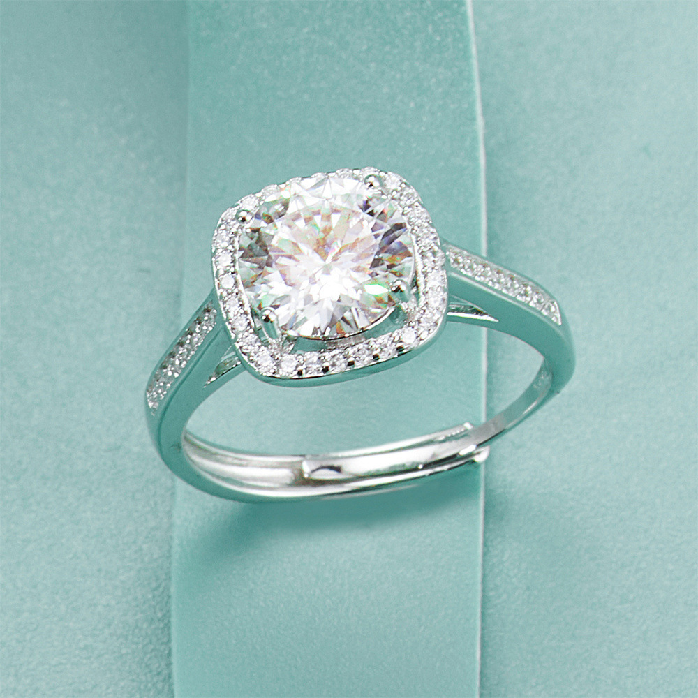 新品2克拉莫桑石925银饰方形戒指女开口四爪钻戒指环珠宝礼物首选