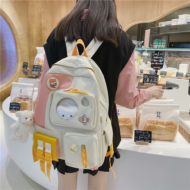 2022 Spring New Patchwork Contrast Color Korean Junior High School Schoolbag Large Capacity Four-Piece Backpack Travel Backpack