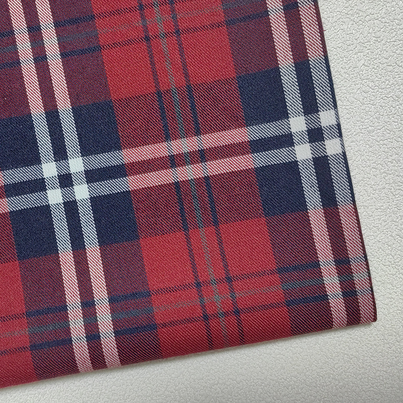 现货经典红色校服格子面料 全涤百褶裙jk制服童装校裤衬衫格子布