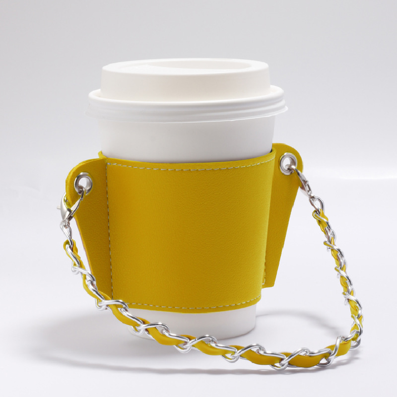 链条手提皮革杯套 奶茶咖啡杯pu皮套 隔热水杯皮质提袋打包袋