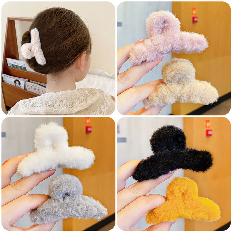 New Plush Back Head Grip Furry Ponytail Clip Barrettes Hairpin Hair Ornaments Korean Children's Solid Color Clip