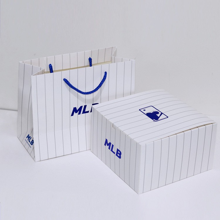 新款条纹MLB纸袋现货韩国专柜棒球服手提袋棒球帽礼品袋纸盒包装