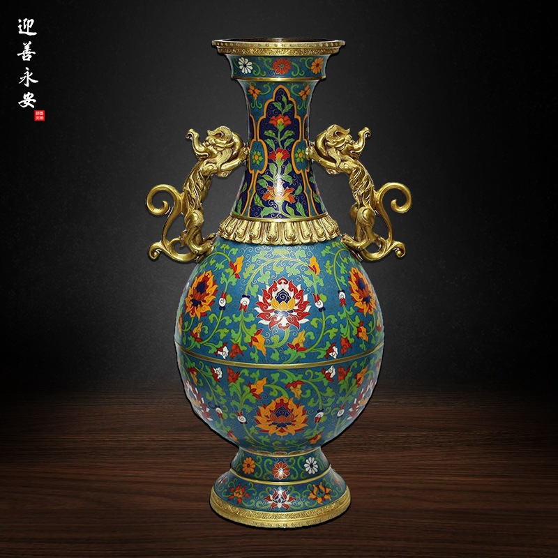 迎善永安 纯铜摆件景泰蓝龙耳花瓶铜胎鎏金掐丝珐琅摆件-阿里巴巴