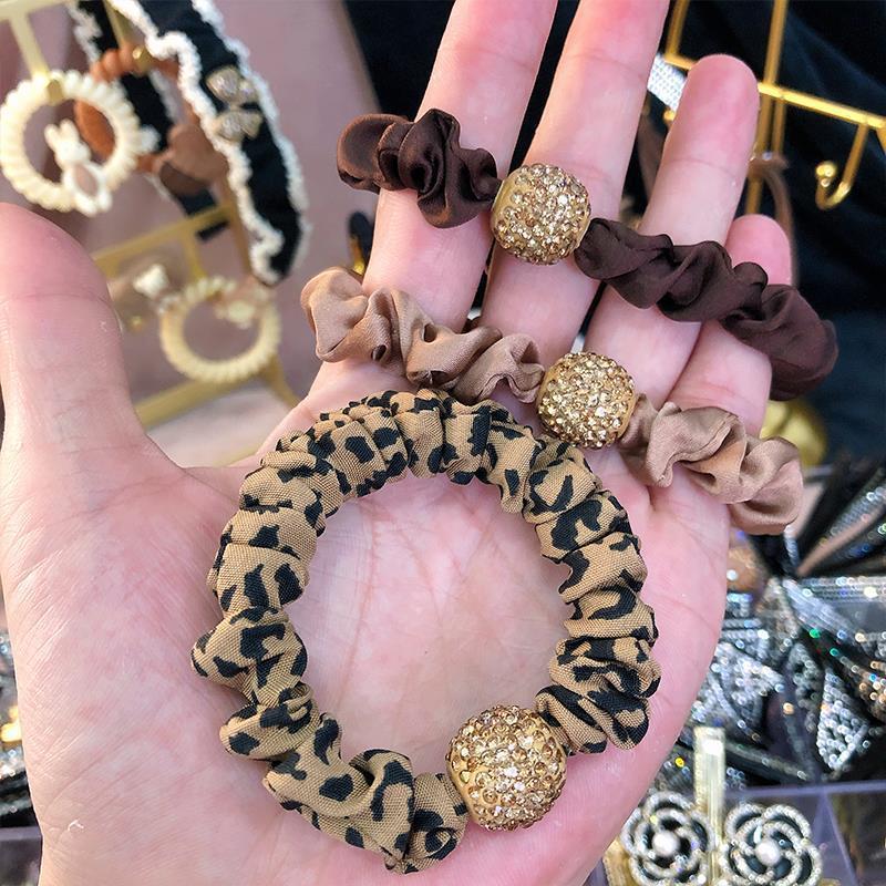 Europe and America Cross Border Hair Ring New Large Intestine Ring Temperament Leopard Print Head Rope round Ball Rhinestone Highly Elastic Hair Rope Hair Accessories Wholesale