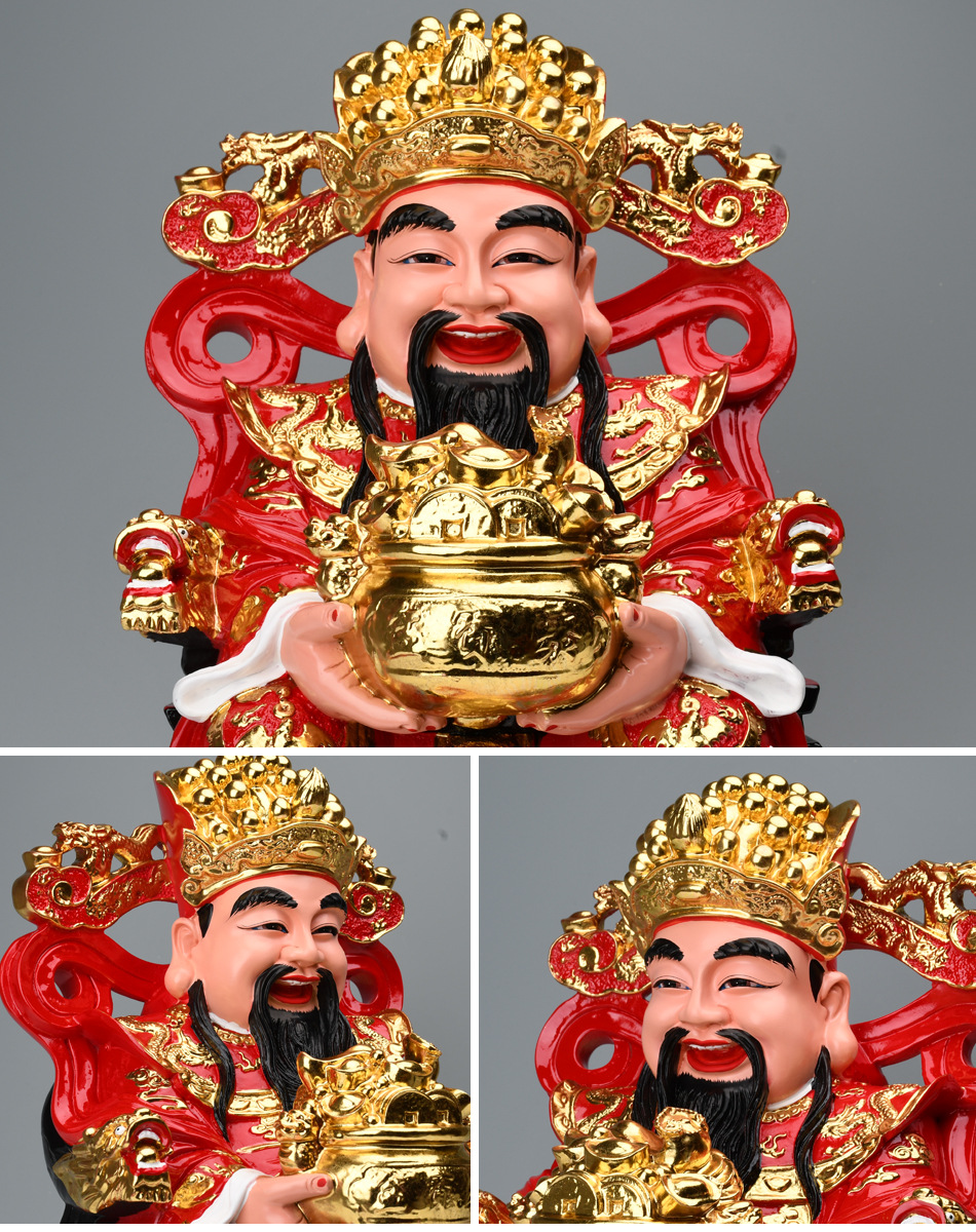 红衣财神爷佛像聚宝盆款文财神神像家用16/19寸财神树脂像批发