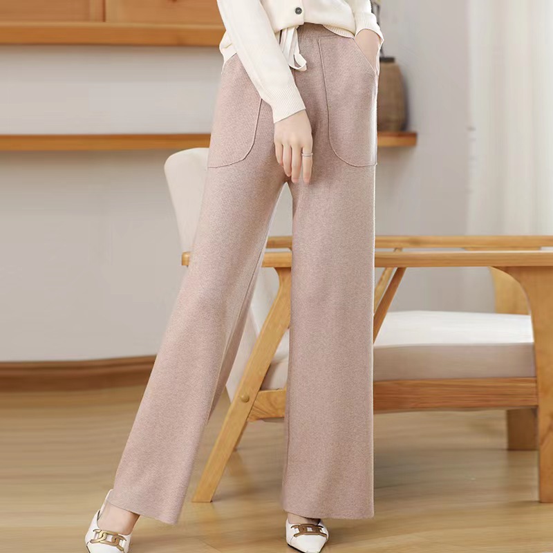 Autumn and Winter New Women's Knit Trousers 2023 Korean Style Elastic Waistband Color Casual Pants outside Wide Mop Straight Pants