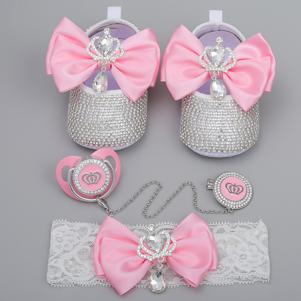 Pacifier Princess Shoes and Headband with Crown Bright Crystal Baby Toddler Shoes Soft Sole Set Factory Direct Sales