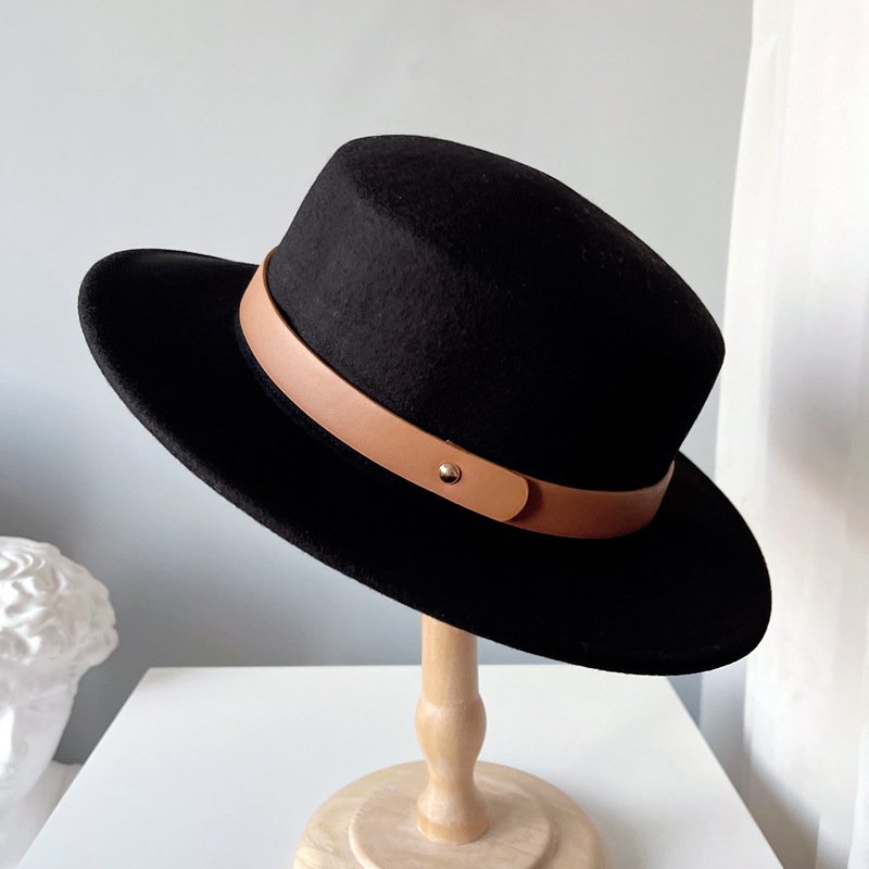 欧美复古澳洲羊毛毡帽子女秋冬保暖平顶礼帽英伦简约皮带平沿帽潮