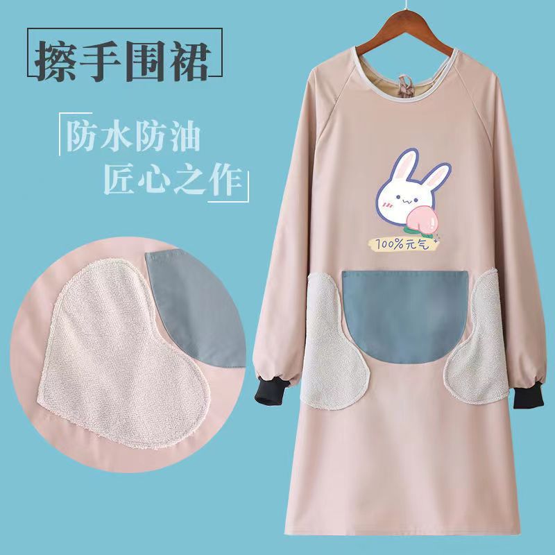 长袖围裙带袖可擦手围裙防水防油耐脏搬运工作服服务员围腰批发