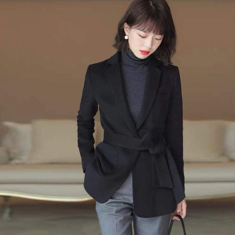 2022新款日系加厚系带西装女外套 韩版气质通勤黑色显瘦西服上衣