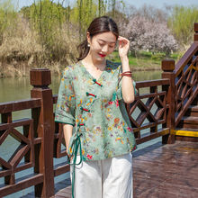 中国风高端碎花短袖衬衫女2024年夏季新款复古文艺民族风棉麻T恤