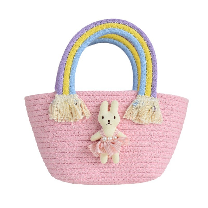 Girls Bags 2023 New Rainbow Clouds Handbag Children's Woven Bag Korean Style Large Capacity Straw Hand Bag