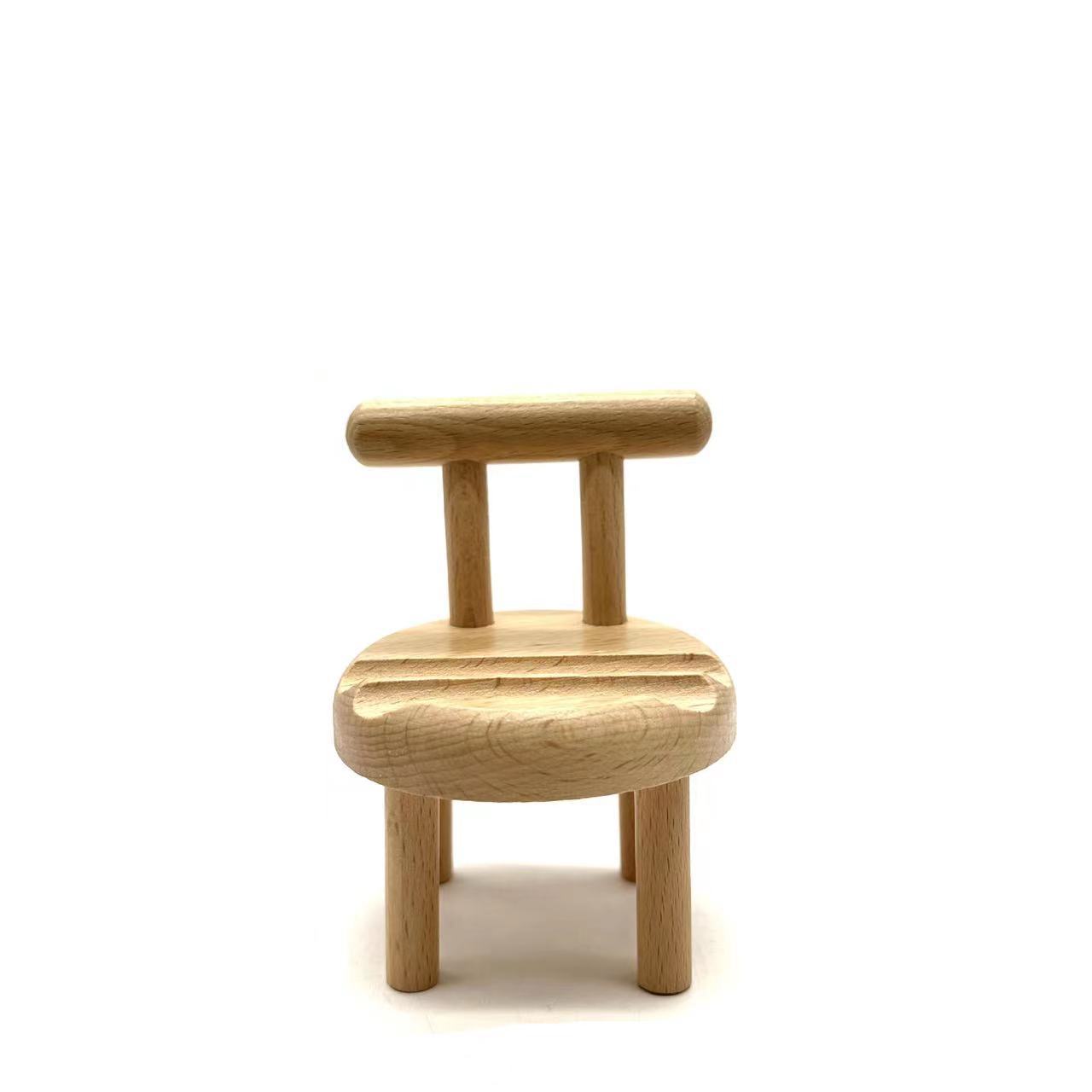 Mini Chair Mobile Phone Bracket Creative Solid Wood Desktop Decoration Beech Stool Cell Phone Stand Laser Logo