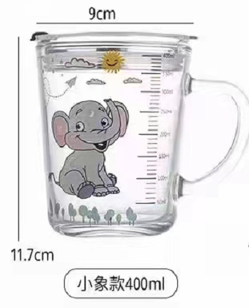 Cartoon Glass Cup Cup with Straw Household Children Milk Water Glass 400ml with Handle Scaled Cup Cup