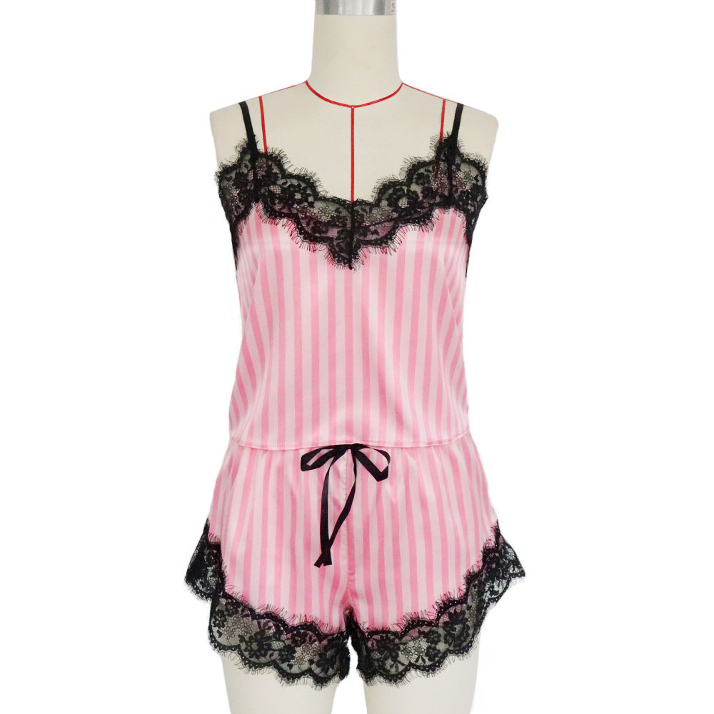 2021速卖通新款性感睡衣 粉色条纹吊带情趣内衣 蕾丝诱惑透视套装