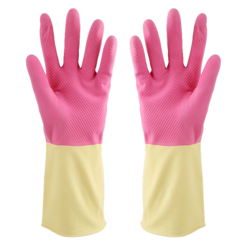 Household Two-Color Latex Dishwashing Gloves Cleaning Durable Laundry and Vegetable Washing Waterproof Anti-Cutting Household Labor Protection Spot