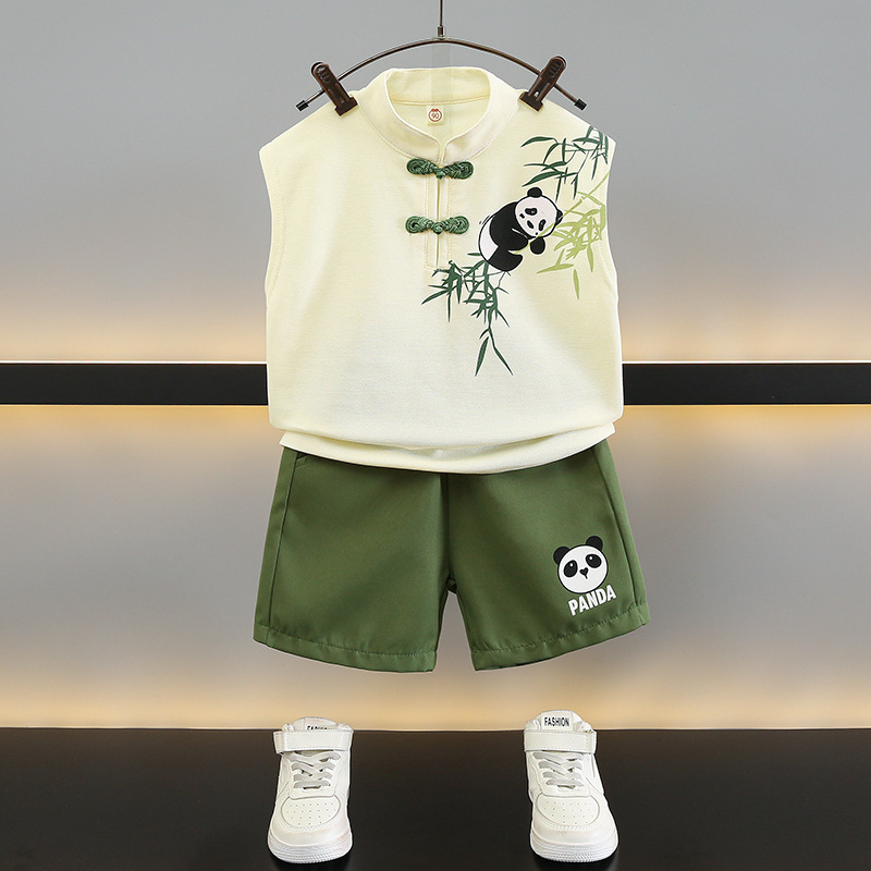 男童国风夏季无袖套装2024新款中式儿童夏装背心熊猫衣服宝宝汉服