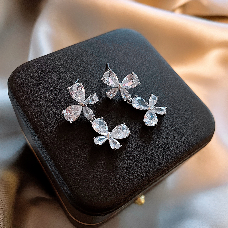 Silver Needle High-Grade Zircon Butterfly Earrings Simple Dignified Sense of Design Earrings Internet Celebrity Affordable Luxury Fashion Earrings Wholesale