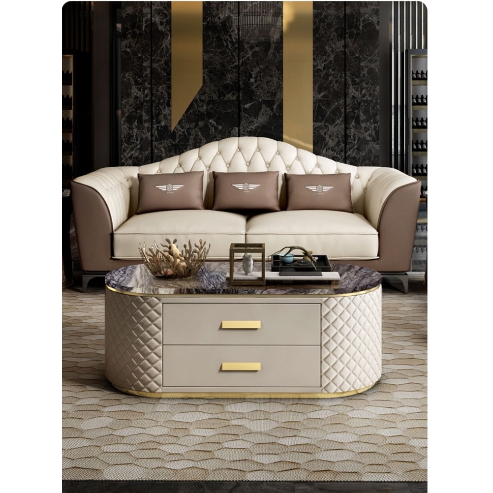 轻奢后现代大理石茶几电视柜组合小户型皮艺椭圆形储物不锈钢茶几