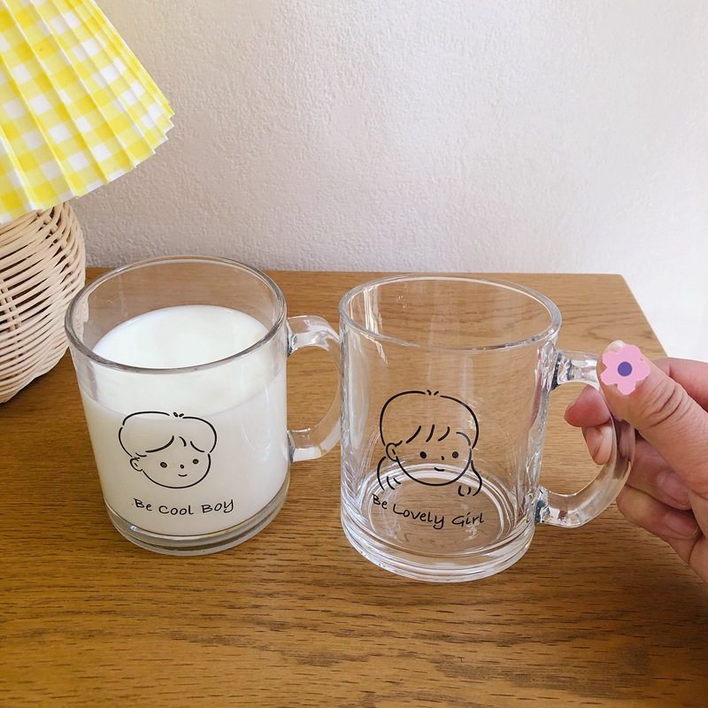 INS Style Japan and South Korea Cute Milk Cup Student Bedroom Water Cup Glass Simple Glass Mug Handle Couple's Cups
