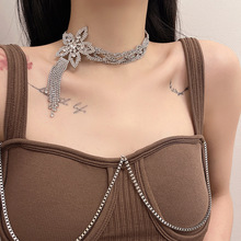 欧美时尚夸张个性镶钻花朵短款项链颈链丝带气质设计感锁骨链项饰