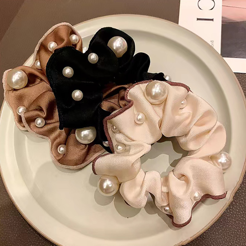 New Milk Coffee Color Pearl Large Intestine Hair Ring Korean Style Solid Color Satin Adult Temperament Intestine Ring High-Grade Hair Accessories for Women