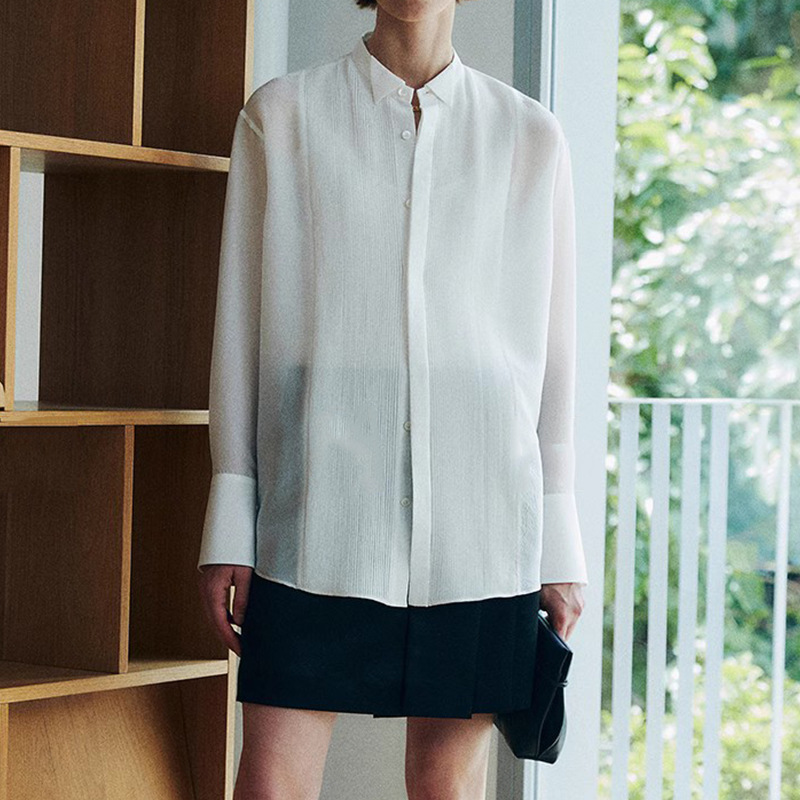 th丨中世纪复古时装风_重磅工艺塔克褶真丝醋酸半透视衬衫上衣女