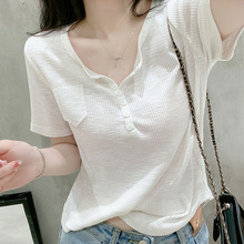 白色小V领短袖T恤女韩版正肩短款半袖2024新款设计感螺纹打底上衣