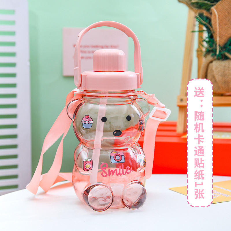 Cute Bear Water Cup Summer Large Capacity Student Good-looking Plastic Tape Straw Cup Portable Kettle Big Belly Cup