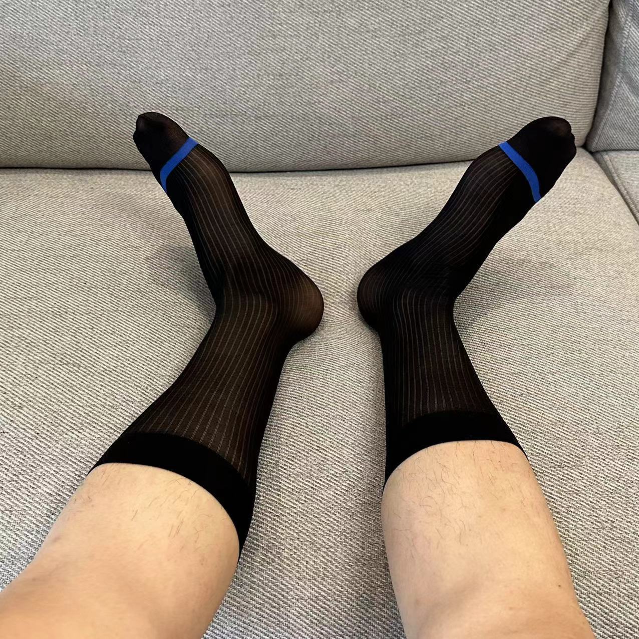 blue toe navy blue with lines men's japanese-style nylon business stockings (thin) long tube sexy black formal wear socks