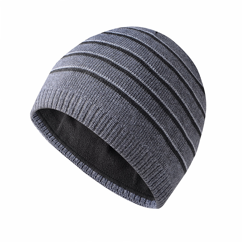 Knitted Hat Men's Winter Fleece-lined Black Striped Woolen Cap Women's Outdoor Cycling Sleeve Cap Toque