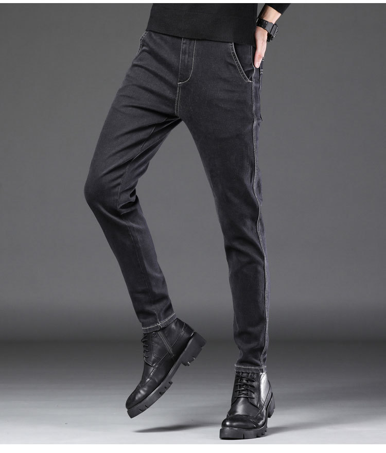 秋冬款男士纯牛仔裤男黑色时尚男裤子修身小脚裤潮流弹力牛子长裤