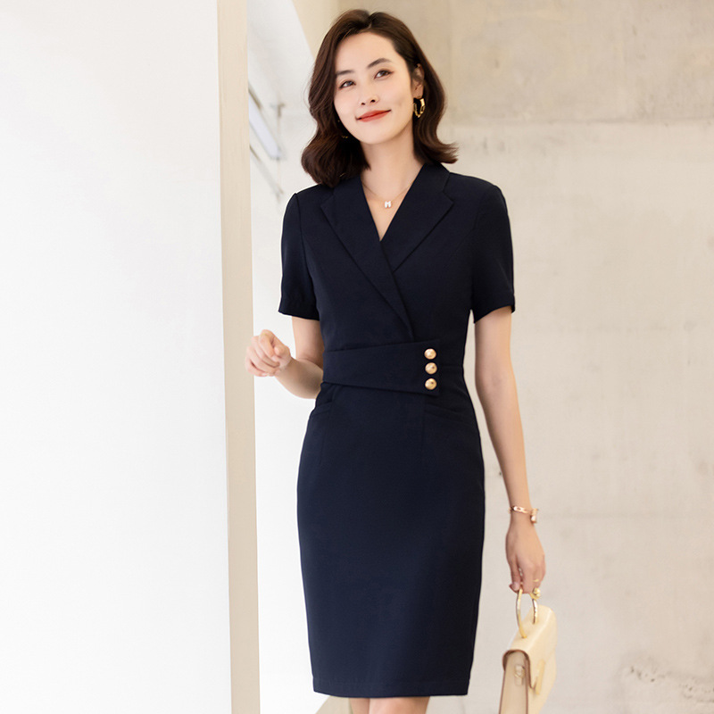 职业套装裙夏主持人演讲服装高端气质正装商务连衣裙黑色短袖西装