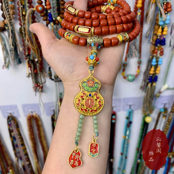 南红色红石108佛珠景泰蓝一鸣惊人珐琅彩葫芦配饰文玩脖挂毛衣链