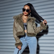 2024跨境专供外贸麂皮绒短款外套女秋冬夹克亚马逊机车服女新款