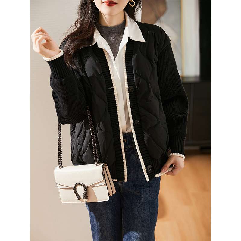 高端针织无领羽绒服女款轻薄短款菱格美拉德平湖女装90白鸭绒冬季