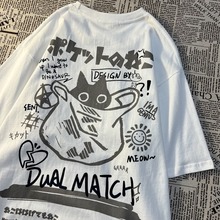 夏季港风复古口袋猫咪卡通印花短袖T恤女小众学院风学生上衣