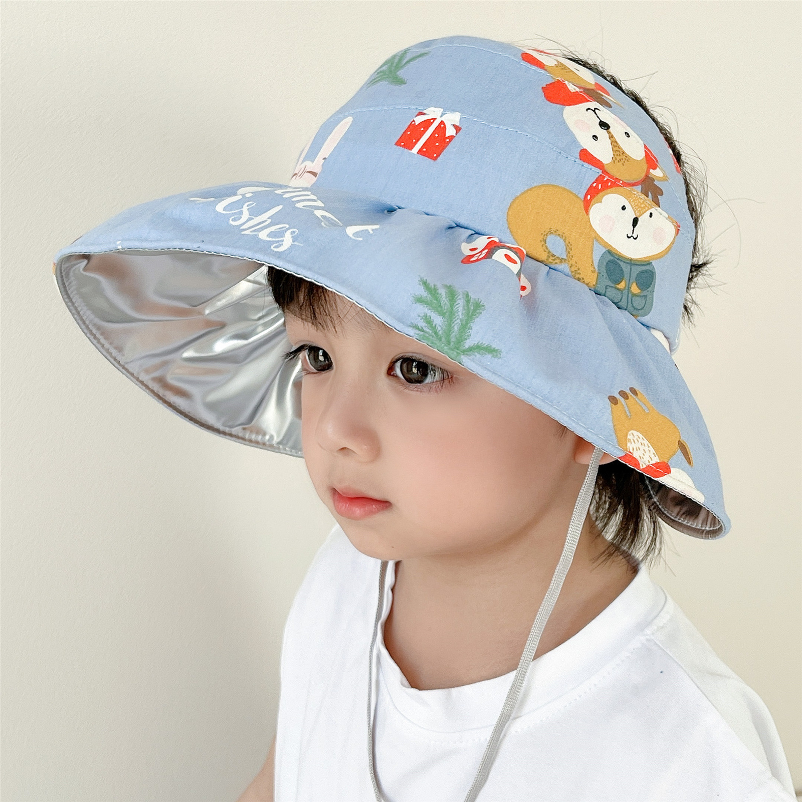 夏季儿童防晒帽黑胶遮阳空顶帽男女童卡通动物大檐太阳帽宝宝帽子