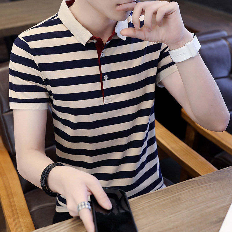 短袖t恤男2023新款春夏季条纹polo衫打底男装潮流上衣服半袖12件