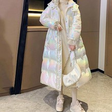 棉衣女新款亮面炫彩免洗连帽过膝长款大码加厚羽绒棉服幻彩棉包邮