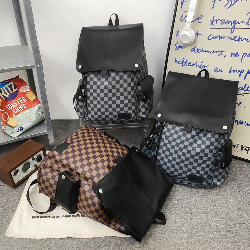 Large Capacity Backpack Men's Commuter Computer Backpack Fashion Chessboard Plaid Schoolbag Female College Student Waterproof Travel Bag