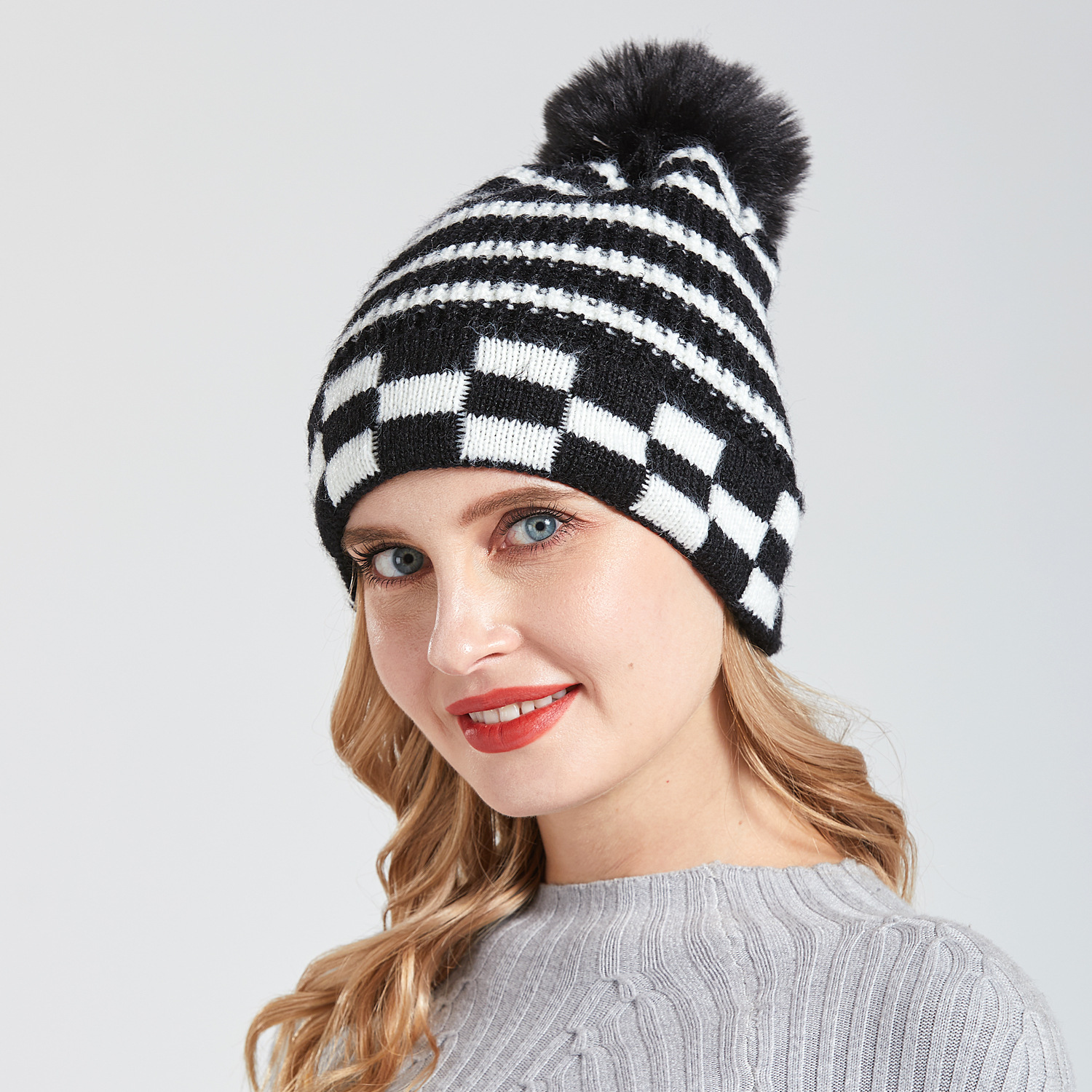 欧美新款保暖格子条纹男女单球针织帽 跨境批发腈纶秋冬成人帽子