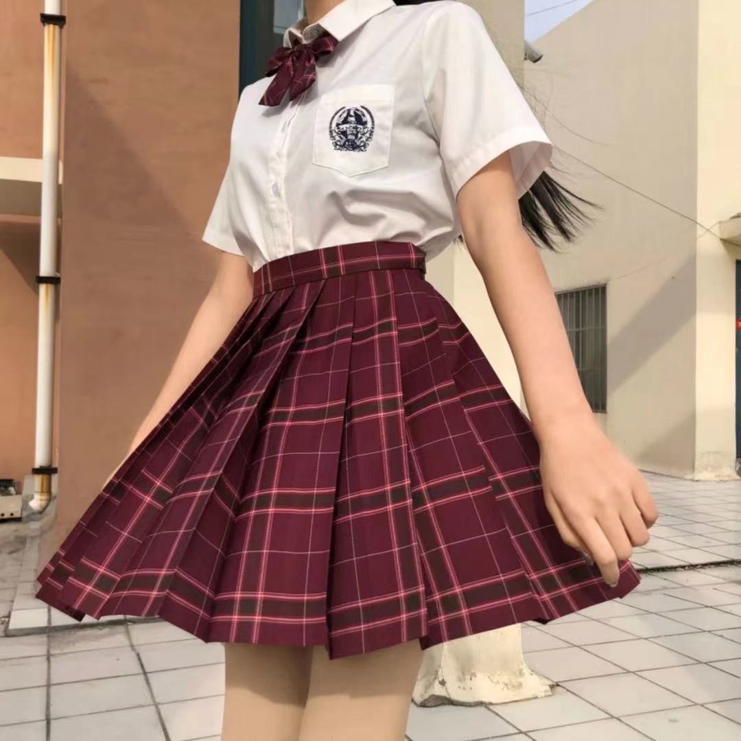 沙华jk格裙日系白菜jk制服衬衫女短袖百褶裙子学院酒红色格子批发