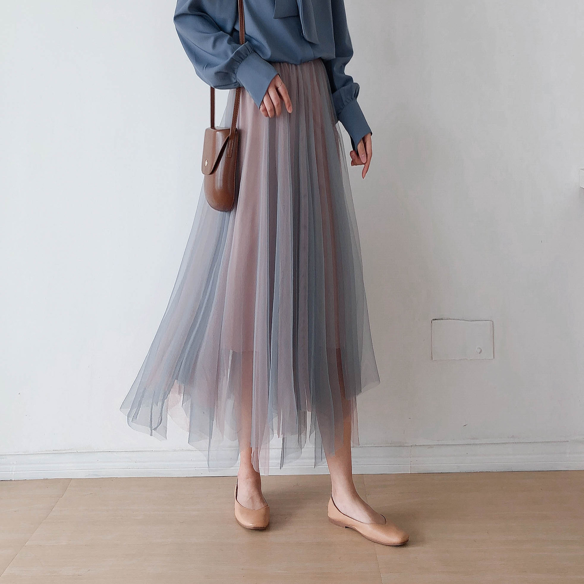 渐变色系.复古不规则下摆纱裙女春夏新大摆半身裙