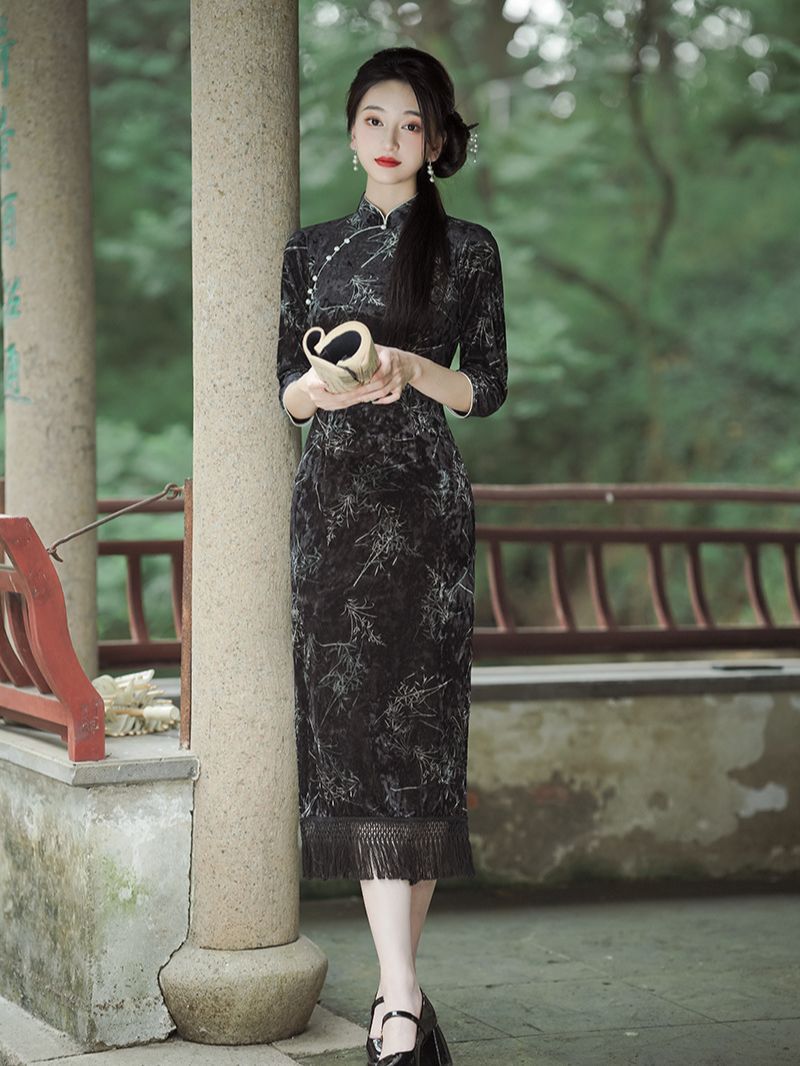 优雅气质冬季新款丝绒旗袍 复古知性名媛风日常宴会长旗袍连衣裙
