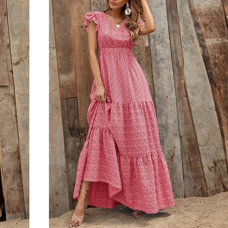 Cross-Border Amazon AliExpress 2023 New V-neck Printed Short Sleeve Waist-Controlled Long Dress Bohemian Dress for Women