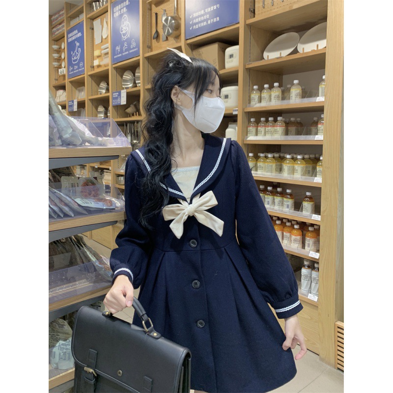 水手服 中长款航海少女jk水手服毛呢外套
